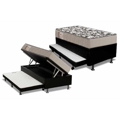 Cama Box Baú c/Auxiliar Solteiro: Colchão Espuma Ortobom D26 Physical Ultra Resistente + Base CRC Courano Black(88x188)