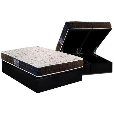 Cama Box Baú Queen: Colchão Anatômico Anjos D28 / AG65 Pantanal + Base CRC Suede Black(158x198)