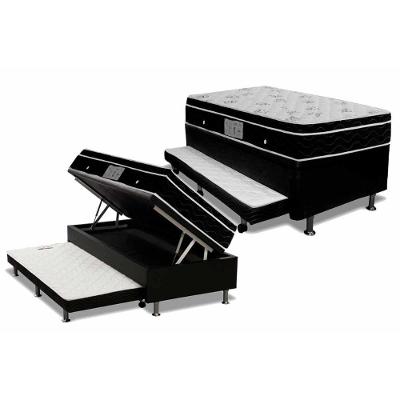 Cama Box Baú c/Auxiliar Solteiro: Colchão Molas Ortobom Nanolastic Physical + Base CRC Courano Black(88x188)