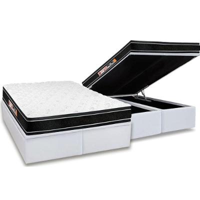 Cama Box Baú Queen: Colchão Espuma Castor D33 Black e White Air Euro Pillow + Base CRC Courano White(158x198)