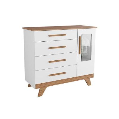 Cômoda Infantil Retrô c/ 1 Porta Cristal e 4 Gavetas Branco/Carvalho - Peroba
