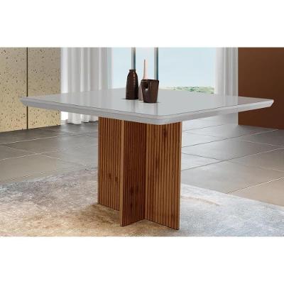 Mesa de Sala Jantar Berlim + Tampo Madeirado Vidro Curvo 90x90cm Off White/Imbuia Ripado-Vidro Off White - Rufato