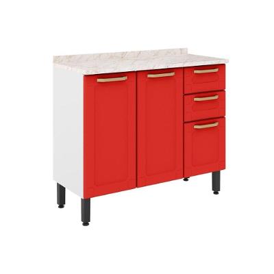 Gabinete de Cozinha Modulado Balcão Colors 6114 3 Portas e 2 Gavetas c/Tampo Branco/Vermelho - Bertolini