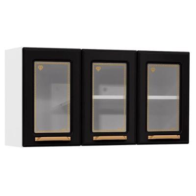 Armário Aéreo p/ Cozinha Diamante 3 Portas c/ Vidro 105cm Branco/Preto - Telasul