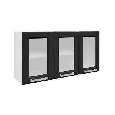 Armário Aéreo p/ Cozinha Múltipla 6010 3 Portas c/Vidro 105cm Branco/Preto - Bertolini