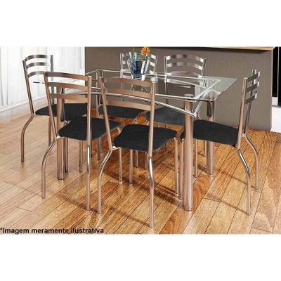 Sala de Jantar Completa Elba c/ Tampo Vidro 150cm + 6 Cadeiras Portugal Cromado/Courano Preto - Kappesberg
