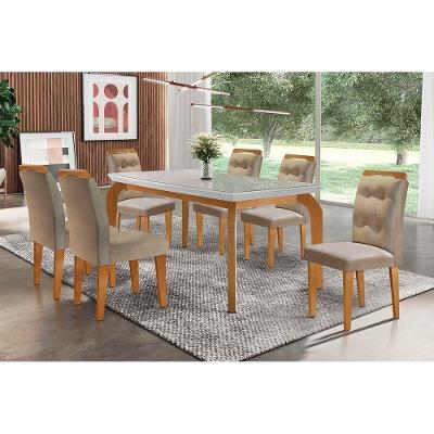 Sala de Jantar Completa Londrina Tampo Madeirado c/ Vidro 180cm + 6 Cadeiras Imperatriz Imbuia/Linho Turim - Rufato