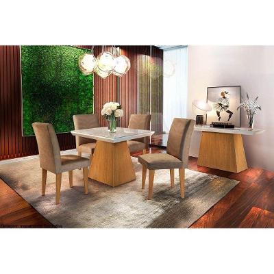Sala De Jantar Completa C/ Tampo Madeirado C/ Vidro Canto Reto 90cm 4 Cadeiras /chocolate Capuccino