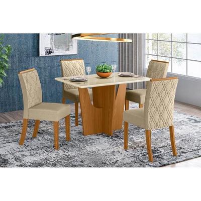 Sala de Jantar Completa Vértice c/ Tampo Madeirado c/ Vidro 120cm + 4 Cadeiras Vita Nature/Veludo Light Linho - Henn