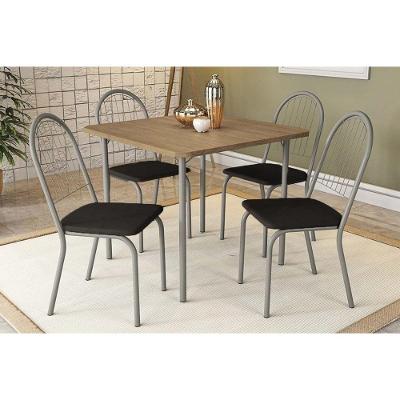Sala de Jantar Completa Sena Níquel c/ Tampo Madeirado 90cm + 4 Cadeiras Noruega Cromado/Courano Preto - Kappesberg