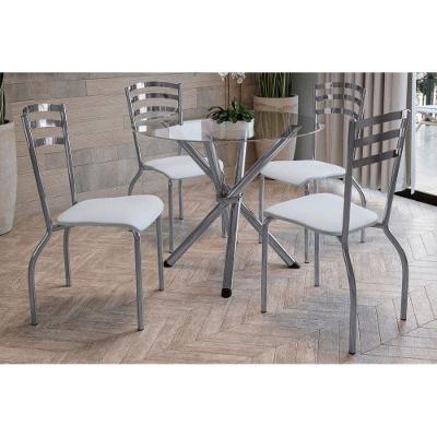 Sala de Jantar Completa Volga c/ Tampo Vidro 95cm + 4 Cadeiras Portugal Cromado/Courano Branco - Kappesberg