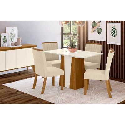 Sala de Jantar Completa Orus c/ Tampo Madeirado 120cm + 4 Cadeiras Tauá Nature/Veludo Light Linho - Henn
