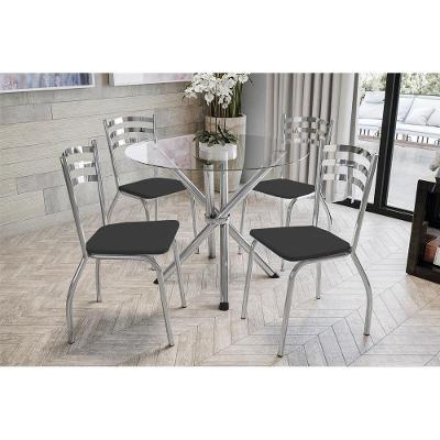 Sala de Jantar Completa Volga c/ Tampo Vidro 95cm + 4 Cadeiras Portugal Cromado/Courano Preto - Kappesberg