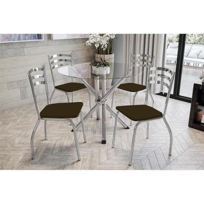 Sala de Jantar Completa Volga c/ Tampo Vidro 95cm + 4 Cadeiras Portugal Cromado/Courano Marrom - Kappesberg