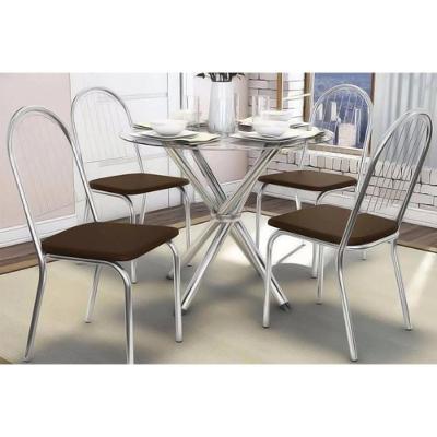 Sala de Jantar Completa Volga c/ Tampo Vidro 95cm + 4 Cadeiras Noruega Cromado/Courano Marrom - Kappesberg