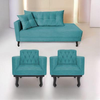 Kit Diva Recamier Azura 160Cm Lado Direito E 02 Poltronas Suede - Doce Sonho Móveis Azulturquesa