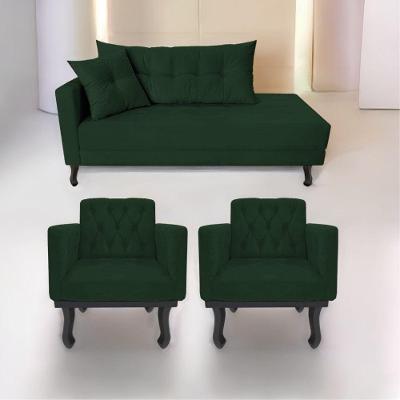 Kit Diva Recamier Azura 160Cm Lado Direito E 02 Poltronas Classic Suede - Doce Sonho Móveis Verde