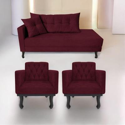 Kit Diva Recamier Azura 160Cm Lado Direito E 02 Poltronas Classic Suede - Doce Sonho Móveis Bordô