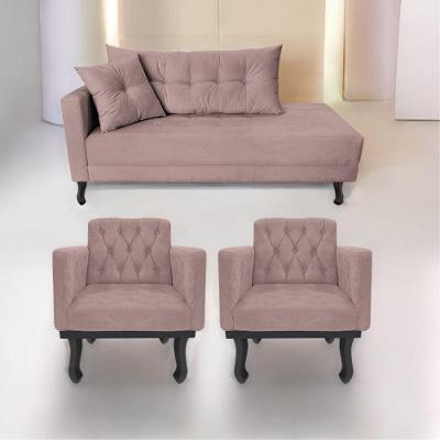 Kit Diva Recamier Azura 140Cm Lado Direito E 02 Poltronas Classic Linho - Amarena Móveis Rosê