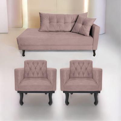 Kit Diva Recamier Azura 140Cm Lado Esquerdo E 02 Poltronas Classic Linho - Doce Sonho Móveis Rosê