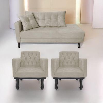Kit Diva Recamier Azura 160Cm Lado Direito E 02 Poltronas Classic Linho - Amarena Móveis Bege