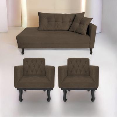 Kit Diva Recamier Azura 140Cm Lado Esquerdo E 02 Poltronas Classic Suede - Doce Sonho Móveis Marrom
