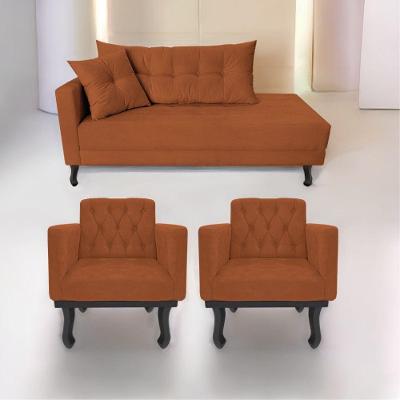 Kit Diva Recamier Azura 140Cm Lado Direito E 02 Poltronas Suede - Doce Sonho Móveis Terracota