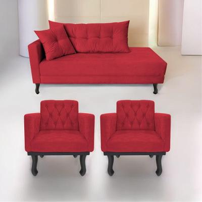 Kit Diva Recamier Azura 140Cm Lado Direito E 02 Poltronas Classic Suede - Doce Sonho Móveis Vermelho