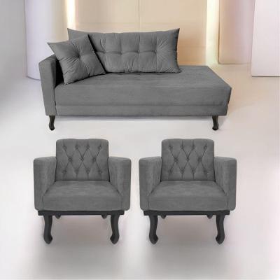 Kit Diva Recamier Azura 140Cm Lado Direito E 02 Poltronas Classic Suede - Doce Sonho Móveis Cinza