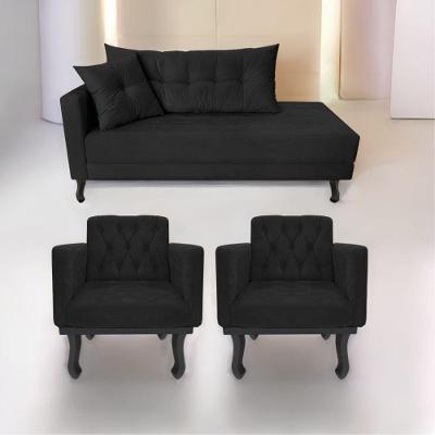 Kit Diva Recamier Azura 160Cm Lado Direito E 02 Poltronas Classic Suede - Amarena Móveis Preto