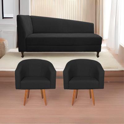 Kit Diva Recamier Heitor 185Cm Lado Direito E 02 Poltronas Luiza Suede - Doce Sonho Móveis Preto