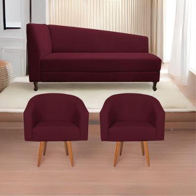 Kit Diva Recamier Heitor 185Cm Lado Direito E 02 Poltronas Luiza Suede - Doce Sonho Móveis Bordô