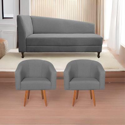 Kit Diva Recamier Heitor 185Cm Lado Direito E 02 Poltronas Luiza Suede - Amarena Móveis Cinza