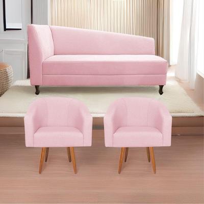 Kit Diva Recamier Heitor 185Cm Lado Direito E 02 Poltronas Luiza Suede - Amarena Móveis Rosa Bebê