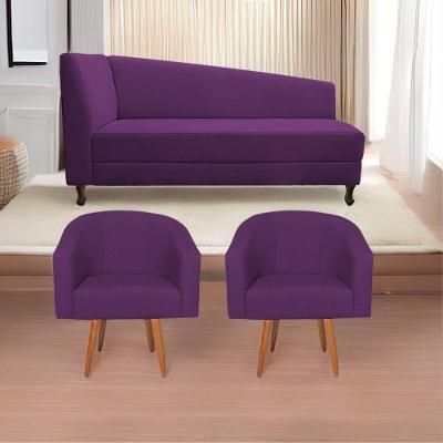 Kit Diva Recamier Heitor 160Cm Lado Direito E 02 Poltronas Luiza Suede - Doce Sonho Móveis Roxo