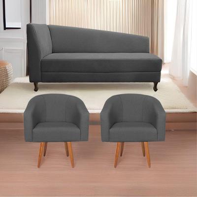 Kit Diva Recamier Heitor 185Cm Lado Direito E 02 Poltronas Luiza Linho - Amarena Móveis Cinza Escuro