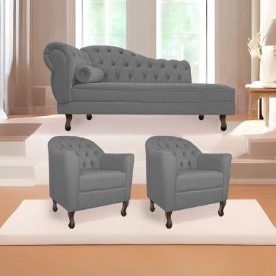 Kit Diva Recamier Diana 130Cm Lado Direito E 02 Poltronas Julia Suede - Doce Sonho Móveis Cinza