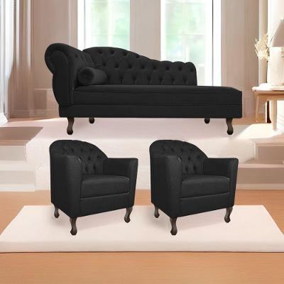 Kit Diva Recamier Diana 130Cm Lado Direito E 02 Poltronas Julia Suede - Doce Sonho Móveis Preto
