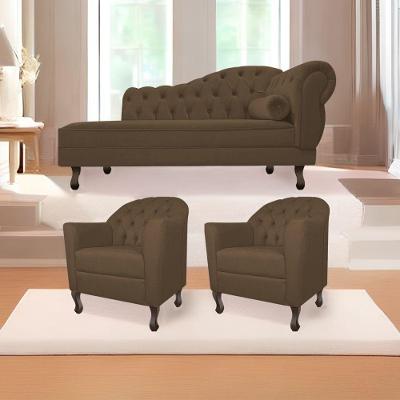 Kit Diva Recamier Diana 130Cm Lado Esquerdo E 02 Poltronas Julia Suede - Doce Sonho Móveis Marrom