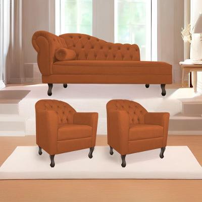 Kit Diva Recamier Diana 140Cm Lado Direito E 02 Poltronas Julia Suede - Doce Sonho Móveis Terracota