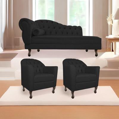 Kit Diva Recamier Diana 140Cm Lado Direito E 02 Poltronas Julia Corano - Doce Sonho Móveis Preto
