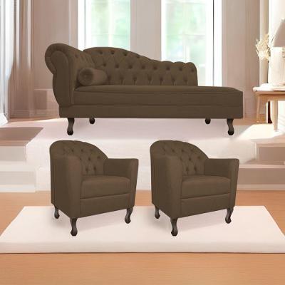 Kit Diva Recamier Diana 140Cm Lado Direito E 02 Poltronas Julia Suede - Doce Sonho Móveis Marrom