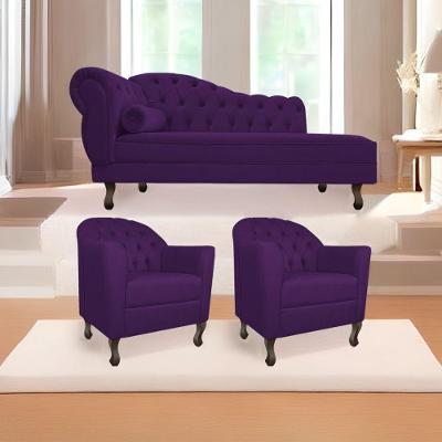 Kit Diva Recamier Diana 140Cm Lado Direito E 02 Poltronas Julia Suede - Doce Sonho Móveis Roxo