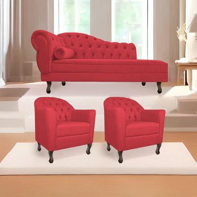 Kit Diva Recamier Diana 140Cm Lado Direito E 02 Poltronas Julia Suede - Doce Sonho Móveis Vermelho