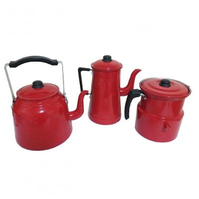 Conjunto Com Bule Chaleira Leiteira Com Apito Vermelho