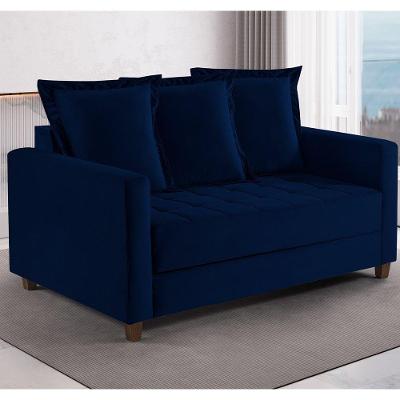 Sofa Cama Rocca Colchao Casal Pés De Madeira Talento Móveis Azul Com Castanho