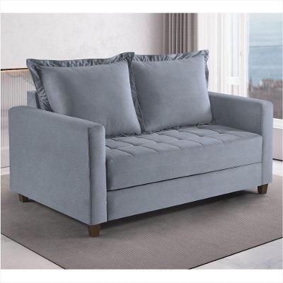 Sofa Cama Frisa Colchao Casal Pes De Madeira Talento Móveis Cinza Com Castanho