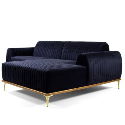 Sofá 3 Lugares com Chaise Base de Madeira Euro 230 cm Veludo Azul Gran Belo