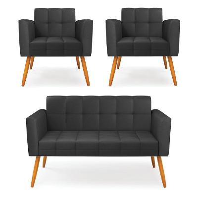 Kit 1 Sofá Namoradeira E 2 Poltronas Elisa Corino Pés Palito Castanho - D'rossi Cor Preto