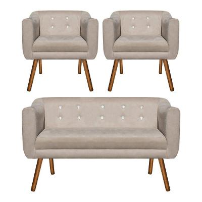 Kit 01 Namoradeira e 02 Poltronas Julia Bege Com Strass